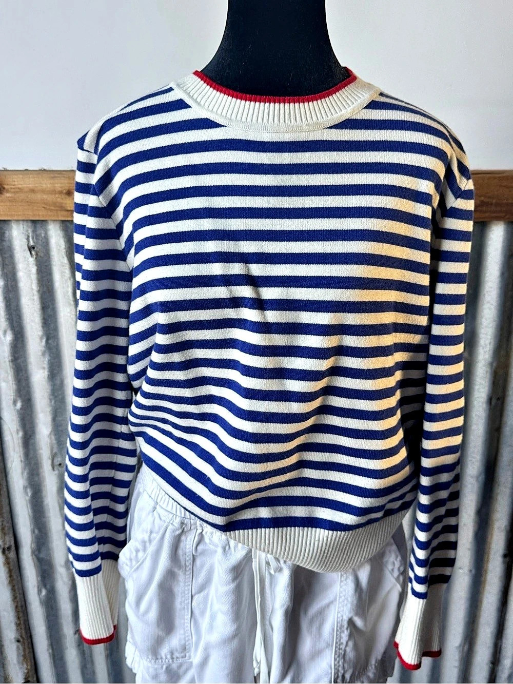 Cream Tweed Double Breasted Gold Button Blazer and Blue Striped Sweater - Picture 4 of 11